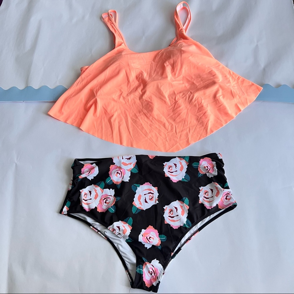 NWT!!! 2 Piece Floral and Neon Orange Tankini Bikini Set sz XXL/2XL - Picture 1 of 10